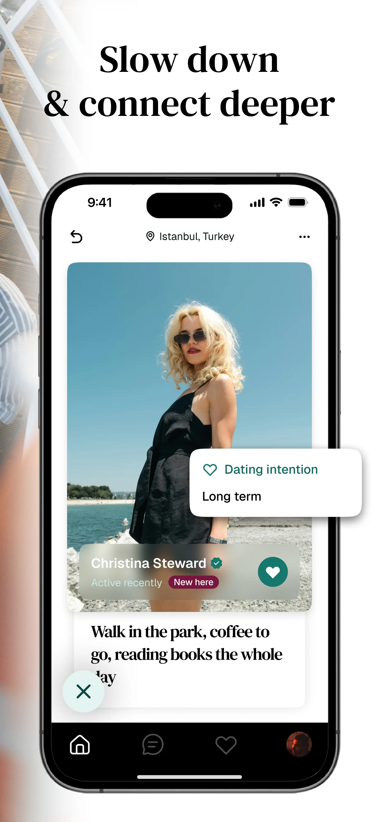 Detailed user profiles on Turtle app showcasing dating intentions and personal interests